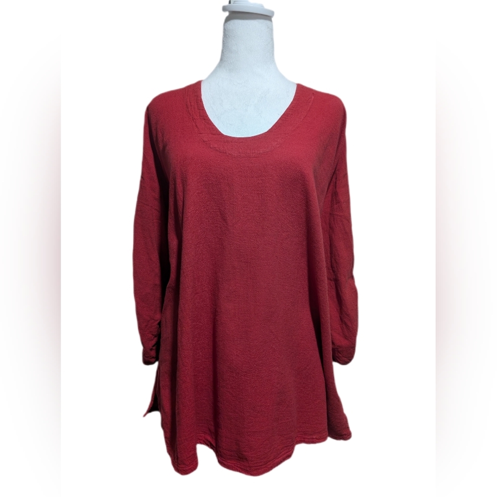Oh My Gauze! Red Scoop-Neck 3/4 Gathered Sleeve Top Size XL